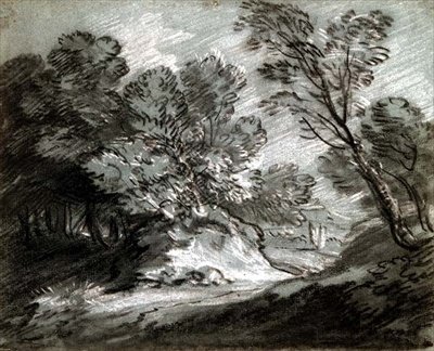 č.0975 Zalesněná krajina se vzdálenou horou (křída na modrém papíře) od Thomas Gainsborough