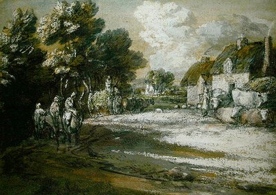 Cestovatelé projíždějící vesnicí (černobílá křída na papíře) od Thomas Gainsborough