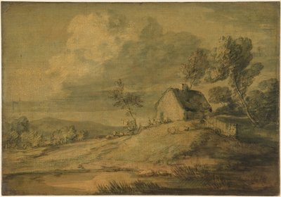 Zalesněná krajina s chalupou, kravami a ovcemi od Thomas Gainsborough
