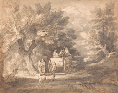 Zalesněná krajina s vozíkem a postavami jdoucími po uličce od Thomas Gainsborough
