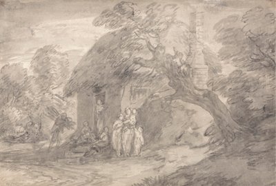 Zalesněná krajina s postavami za dveřmi chaty od Thomas Gainsborough