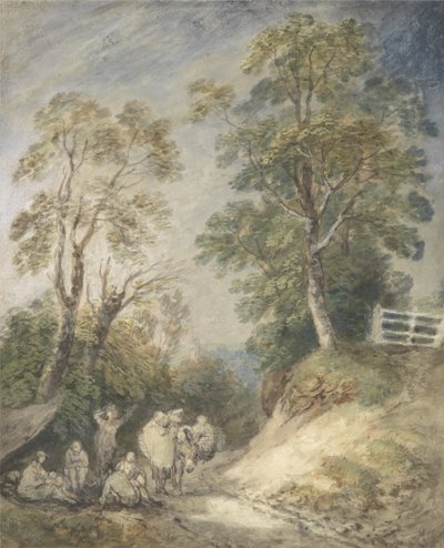 Zalesněná krajina s cikánským táborem, kolem 1760-65 (akvarel a kvaš přes tužku a křídu na papíře) od Thomas Gainsborough