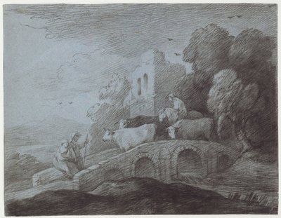 Zalesněná krajina s pastevcem pohánějícím dobytek (lept na papíře) od Thomas Gainsborough