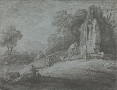 Zalesněná krajina s náhrobním kamenem selského čtení, rustikálními milenci a zničeným kostelem od Thomas Gainsborough