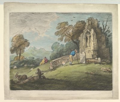 Zalesněná krajina s náhrobkem sedláka, milenci rustikálu a zničeným kostelem, 1. srpna 1797. od Thomas Gainsborough