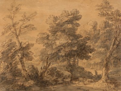 Zalesněná krajina s pastýřem a ovcemi od Thomas Gainsborough