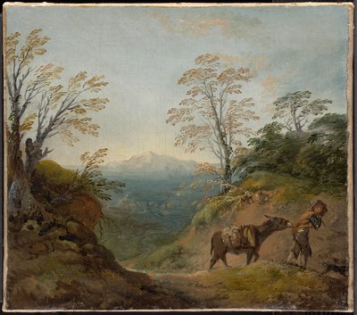 Zalesněná krajina s chlapcem vedoucím osla a psa a rozsáhlým panoramatem s budovami a vzdálenými kopci od Thomas Gainsborough