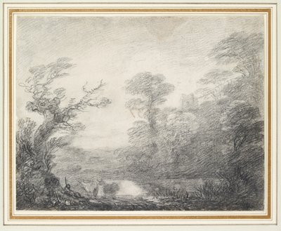 Zalesněná krajina s pastevcem, krávami a kostelní věží od Thomas Gainsborough