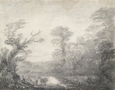 Zalesněná krajina s pastevcem, krávami a kostelní věží, 1753-1757 od Thomas Gainsborough