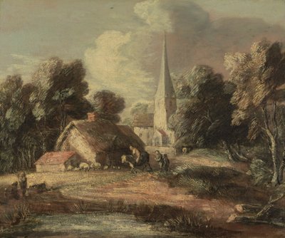 Krajina s chatou a kostelem od Thomas Gainsborough RA