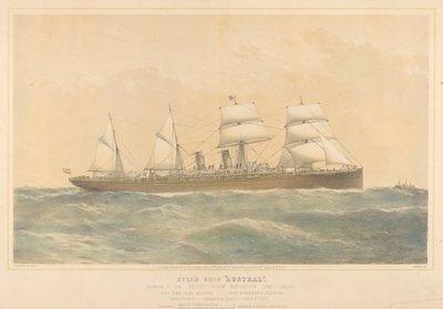 Parní loď Austral patřící společnosti Orient Steam Navigation Company Limited, asi 1868-74 (kolorovaná litografie) od Thomas Goldsworth Dutton