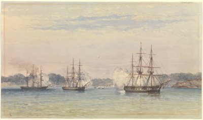 Čínská válka 1857, tři lodě HM bombardují a lodní čluny na pobřeží od Thomas Goldsworth Dutton