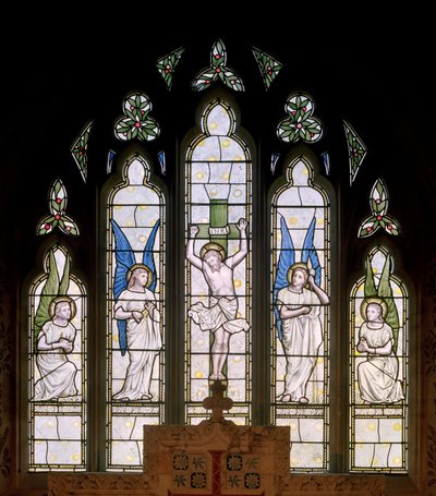 Hornblotton, St Peter, James Powell & Sons, Thomas G Jackson, East Window, Crucifixion & Angels, 1874 od Thomas Graham Jackson