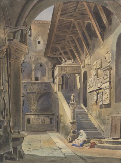 Court of the Bargello, Florencie, 1839 (wc s inkoustem a tužkou na papíře) od Thomas Hartley Cromek