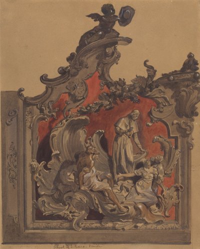 Škola San Rocco, Benátky: Studie pro zakřivené dekorace (pero a inkoust, wc a barva těla přes tužku na papíře) od Thomas Hartley Cromek