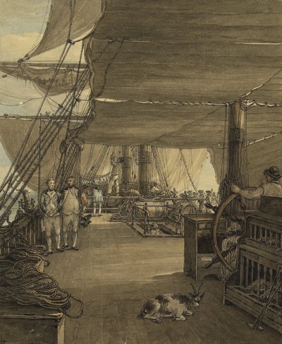 Scéna na palubě lodi HMS "Deal Castle" během cesty ze Západní Indie v roce 1775. Akvarel od Thomas Hearne