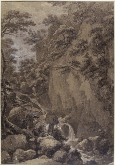 Sir George Beaumont a Joseph Farington malují vodopád, 1777 (pero a inkoust s mytím na papíře) od Thomas Hearne