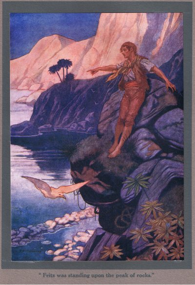 Fritz stál na vrcholu skály (barevná litografie) od Thomas Heath Robinson
