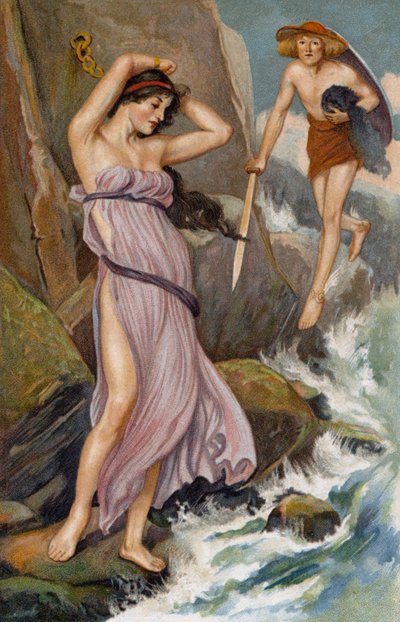 Plný lítosti... Perseus se přiblížil a pohlédl na dívku (chromolit). od Thomas Heath Robinson