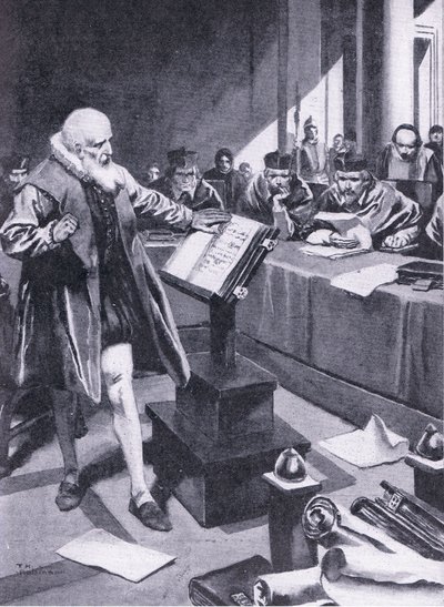 Galileo předstupuje před kardinály v Římě, ilustrace z Cassell