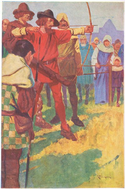 Na krátký okamžik napnul luk a pak uvolnil tětivu (barevná litografie). od Thomas Heath Robinson