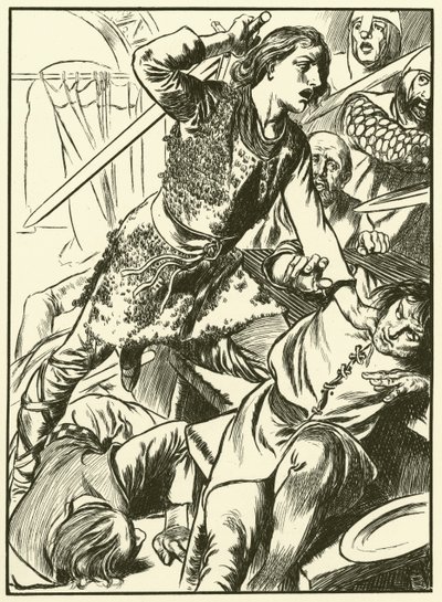 Hereward a jeho muži útočí na Normany (rytina) od Thomas Heath Robinson
