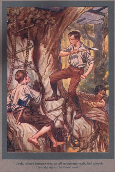 Jack, který byl při každé příležitosti zbrklý, zuřivě udeřil na včelí hnízdo (barevná litografie). od Thomas Heath Robinson