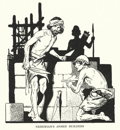Nehemiášovi ozbrojení stavitelé (litografie) od Thomas Heath Robinson
