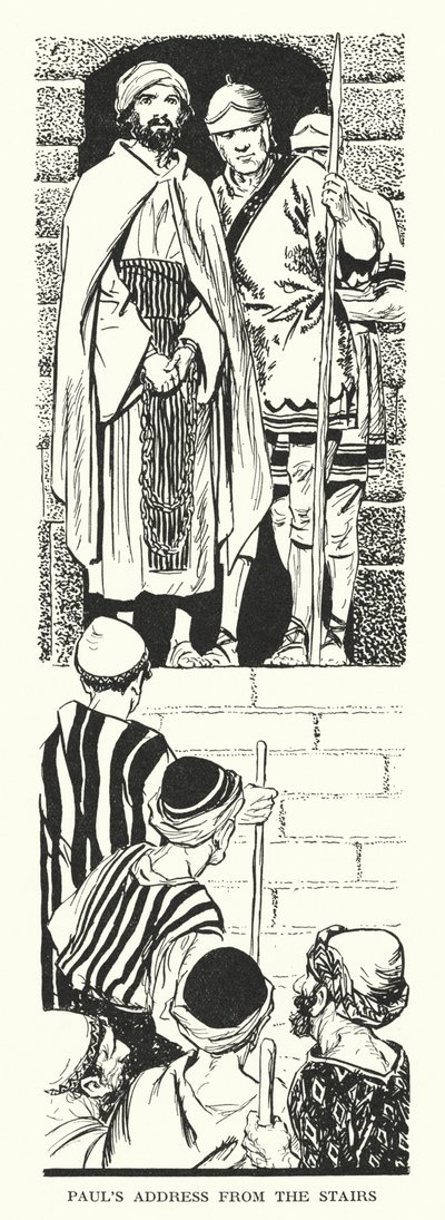 Pavlův projev ze schodů (litografie) od Thomas Heath Robinson