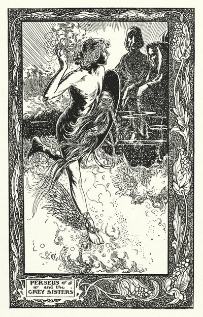 Perseus a Šedé sestry (litografie) od Thomas Heath Robinson