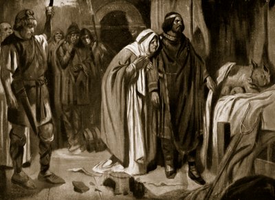Královna Ethelburga přesvědčuje Inu z Wessexu, aby se vzdala koruny, 728, ilustrace z "Hutchinson
