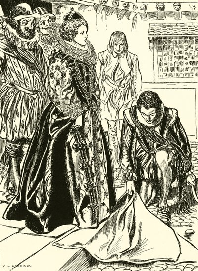 Raleigh rozprostírá svůj plášť před Alžbětou (rytina) od Thomas Heath Robinson