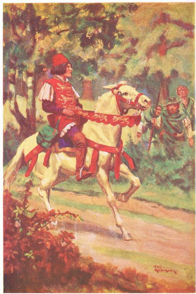 Robin a jeho společník spatřili mistra Patringtona, jak k nim přijíždí (barevná litografie). od Thomas Heath Robinson
