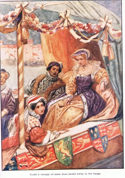 Jane odplouvá na bárce pod baldachýnem (barevná litografie) od Thomas Heath Robinson