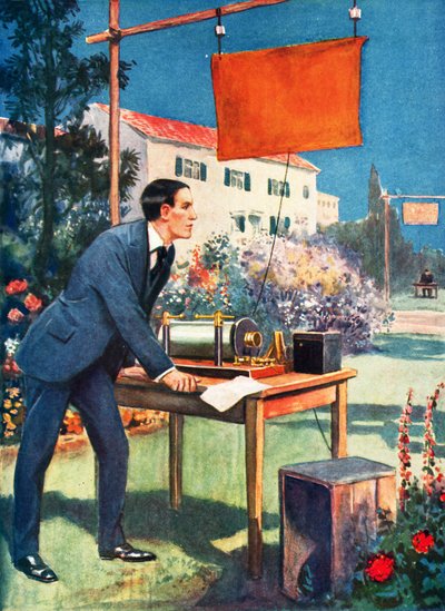 Bezdrátová telegrafie, jeden z prvních Marconiho experimentů (barevná litografie) od Thomas Heath Robinson