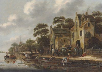 Břeh řeky s postavami na veslicích a pocestnými před hostincem, za ním kostel. od Thomas Heeremans
