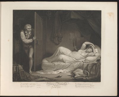 Zhýralá pokojská spí, zatímco se dovnitř vplíží muž Talíř 3. The Wanton in the Bed Chamber (název na objektu) Ctnost a zhýralost (název série) Pečlivost a disipace (název série na objektu) od Thomas Hellyer