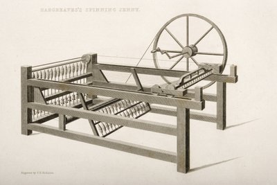 Spinning Jenny, kterou vynalezl James Hargreaves v roce 1764, 1835 od Thomas Henry Nicholson