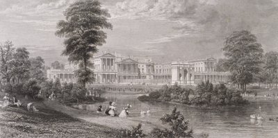 Pohled na Buckinghamský palác a Mramorový oblouk z parku St. James