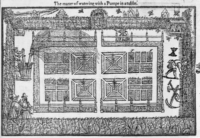 Způsob zalévání čerpadlem v trubici, ze Zahradníkova labyrintu, 1577 od Thomas Hill