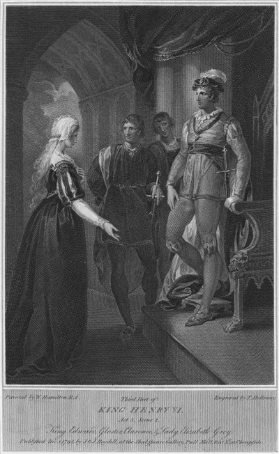 Třetí díl krále Jindřicha VI. 3. dějství. Scéna 2. Král Edward, Gloucester, Clarence & Lady Elizabeth Gre od Thomas Holloway