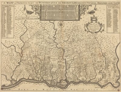 Mapa vaší vylepšené části Pensylvánie v Americe, rozdělené do okresů, obcí a lottů od Thomas Holme