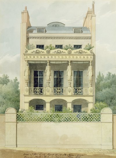 Pohled na zadní přední část domu Henryho Phillipa Hopese směrem k Hyde Parku v Seymour Place, 1818 (pero, inkoust a wc přes grafit na papíře) od Thomas Hope