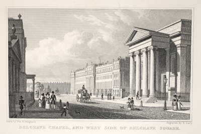 Belgrave Chapel a West Side of Belgrave Square, z hospody „Londýn a jeho okolí v devatenáctém století“. Jones und Co., 1827-1829 od Thomas Hosmer Shepherd