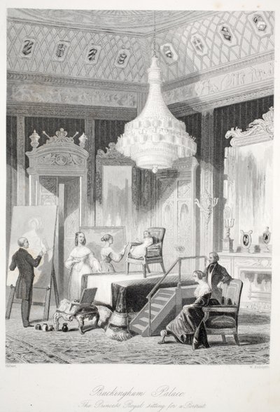 Buckinghamský palác - Královská princezna sedící u portrétu, od London Interiors s jejich kostýmy a obřadní hospodou. Joseph Mead, Londýn, ocelorytina c.1843 od Thomas Hosmer Shepherd