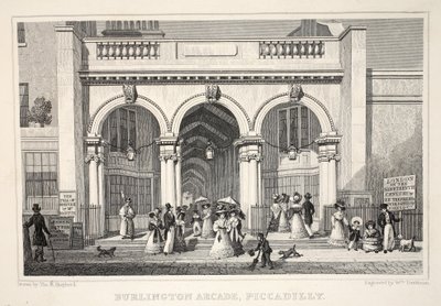 Burlington Arcade, Piccadilly, z hospody „Londýn a jeho okolí v devatenáctém století“. Jones und Co., 1827-1829 od Thomas Hosmer Shepherd