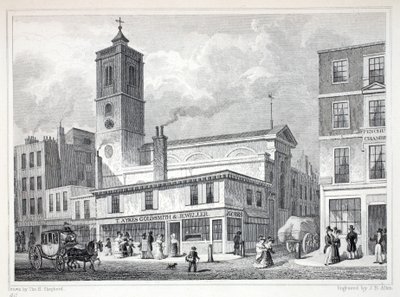 Kostel St Dionis, Backchurch, z hospody „Londýn a jeho okolí v devatenáctém století“. Jones und Co., 1827-1829 od Thomas Hosmer Shepherd