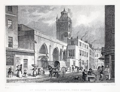 Kostel svatého Jiljí, Cripplegate, z hospody „Londýn a jeho okolí v devatenáctém století“. Jones und Co., 1827-1829 od Thomas Hosmer Shepherd