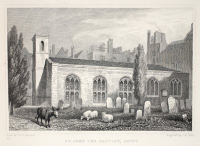 Kostel svatého Jana Křtitele, Savoy, z hospody „Londýn a jeho okolí v devatenáctém století“. Jones und Co., 1827-1829 od Thomas Hosmer Shepherd