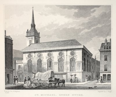 Kostel svatého Michaela, Queenhithe, z hospody „Londýn a jeho okolí v devatenáctém století“. Jones und Co., 1827-1829 od Thomas Hosmer Shepherd